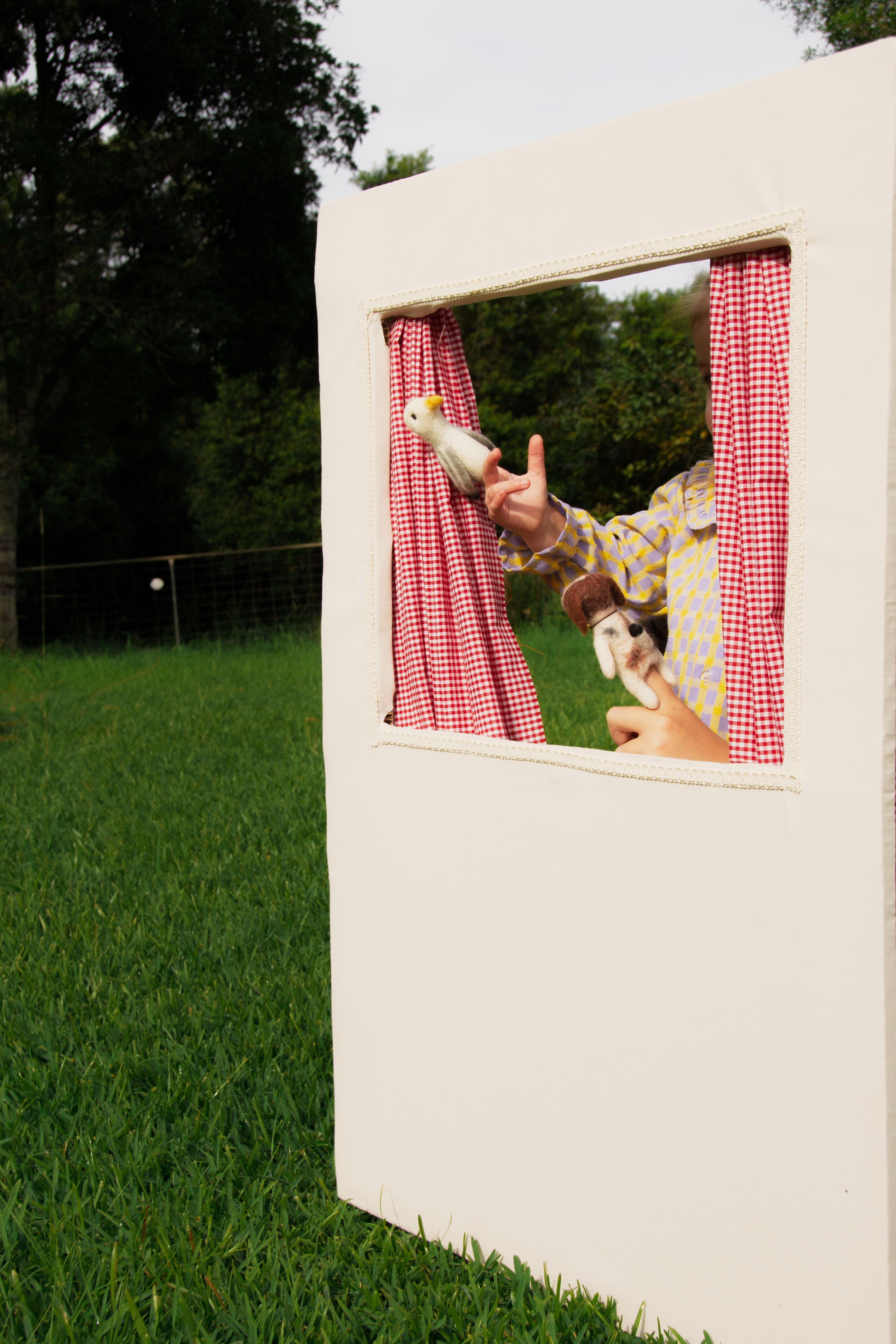 Person holding a dog and a bird in front of a small window with red checkered curtains, outdoors.