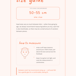 Size guide for children's hats with measurement instructions on a light pink background