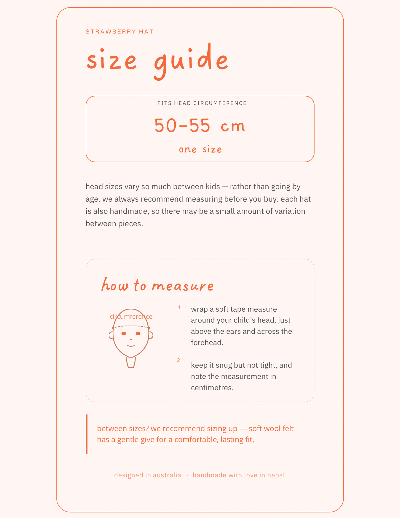 Size guide for children's hats with measurement instructions on a light pink background